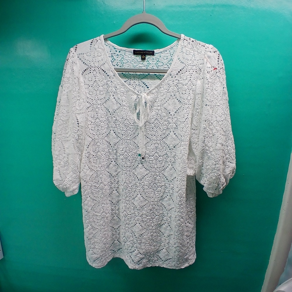 Adrienne Vittadini Crochet Lace Top L White Boho Cottagecore VK34966